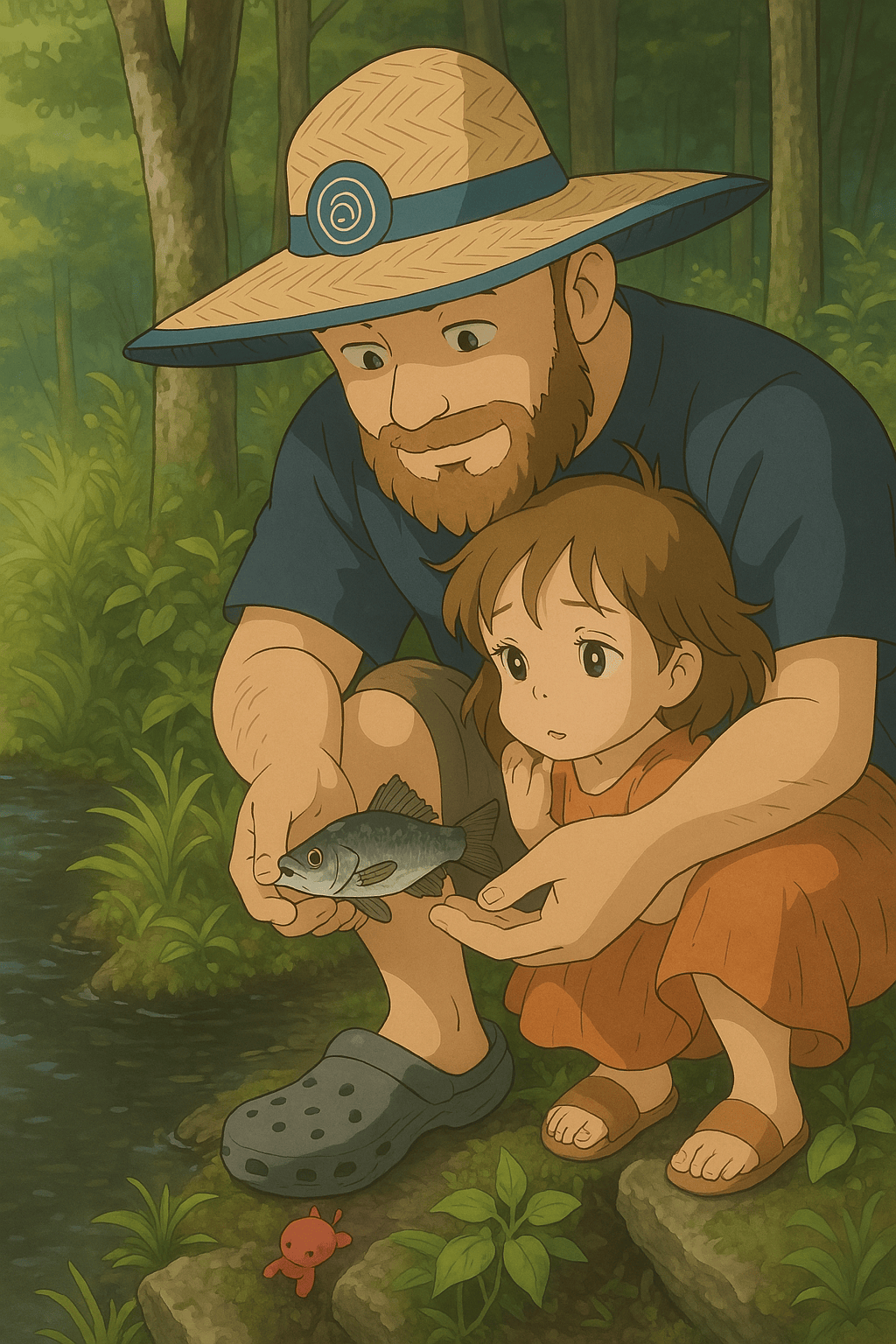 Illustration of a me in a sun hat showing a fish to my daughter by the water, drawn in a Studio Ghibli style
